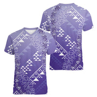 Hawaii Lavender Kapa Women V-Neck T-Shirt Vintage 'Ohe Kāpala Motifs Mix Plumeria Leis LT7 - Polynesian Pride