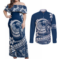 Polynesian Plumeria Couples Matching Off Shoulder Maxi Dress and Long Sleeve Button Shirts Ride The Waves - Navy Blue LT7 Navy Blue - Polynesian Pride