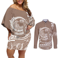 Polynesian Plumeria Couples Matching Off Shoulder Short Dress and Long Sleeve Button Shirts Ride The Waves - Beige LT7 Beige - Polynesian Pride