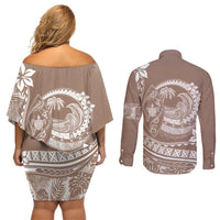 Polynesian Plumeria Couples Matching Off Shoulder Short Dress and Long Sleeve Button Shirts Ride The Waves - Beige LT7 - Polynesian Pride