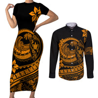Polynesian Plumeria Couples Matching Short Sleeve Bodycon Dress and Long Sleeve Button Shirts Ride The Waves - Orange LT7 Orange - Polynesian Pride