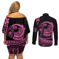 Polynesian Plumeria Couples Matching Off Shoulder Short Dress and Long Sleeve Button Shirts Ride The Waves - Pink LT7 - Polynesian Pride