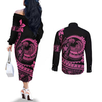 Polynesian Plumeria Couples Matching Off The Shoulder Long Sleeve Dress and Long Sleeve Button Shirts Ride The Waves - Pink LT7 - Polynesian Pride