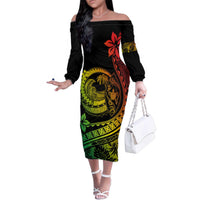 Hawaii Family Matching Outfits Polynesian Plumeria Off Shoulder Long Sleeve Dress And Shirt Family Set Clothes Ride The Waves - Reggae LT7 Mom's Dress Reggae - Polynesian Pride