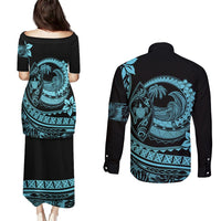 Polynesian Plumeria Couples Matching Puletasi Dress and Long Sleeve Button Shirts Ride The Waves - Turquoise LT7 - Polynesian Pride
