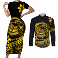 Polynesian Plumeria Couples Matching Short Sleeve Bodycon Dress and Long Sleeve Button Shirts Ride The Waves - Yellow LT7 Yellow - Polynesian Pride