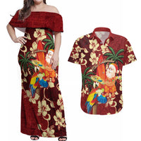 Crimson Red Tropical Christmas Hawaii Tapa Couples Matching Off Shoulder Maxi Dress and Hawaiian Shirt Aloha Santa Drink Party LT7 Red - Polynesian Pride