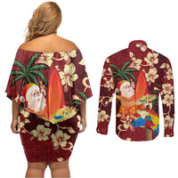 Crimson Red Tropical Christmas Hawaii Tapa Couples Matching Off Shoulder Short Dress and Long Sleeve Button Shirt Aloha Santa Drink Party LT7 - Polynesian Pride