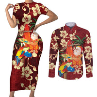 Crimson Red Tropical Christmas Hawaii Tapa Couples Matching Short Sleeve Bodycon Dress and Long Sleeve Button Shirt Aloha Santa Drink Party LT7 Red - Polynesian Pride
