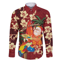 Crimson Red Tropical Christmas Hawaii Tapa Family Matching Off Shoulder Maxi Dress and Hawaiian Shirt Aloha Santa Drink Party LT7 Dad's Shirt - Long Sleeve Red - Polynesian Pride