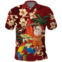 Crimson Red Tropical Christmas Hawaii Tapa Polo Shirt Aloha Santa Drink Party - Polynesian Pride