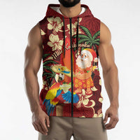 Crimson Red Tropical Christmas Hawaii Tapa Sleeveless Zip Hoodie Aloha Santa Drink Party - Polynesian Pride