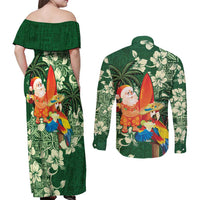 Moss Green Tropical Christmas Hawaii Tapa Couples Matching Off Shoulder Maxi Dress and Long Sleeve Button Shirt Aloha Santa Drink Party LT7 - Polynesian Pride