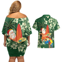 Moss Green Tropical Christmas Hawaii Tapa Couples Matching Off Shoulder Short Dress and Hawaiian Shirt Aloha Santa Drink Party LT7 - Polynesian Pride