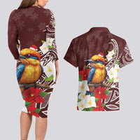 Felis Pasgua Guam Couples Matching Long Sleeve Bodycon Dress and Hawaiian Shirt Christmas Sihek Kingfisher with Guasali LT7 - Polynesian Pride