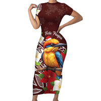Felis Pasgua Guam Family Matching Short Sleeve Bodycon Dress and Hawaiian Shirt Christmas Sihek Kingfisher with Guasali LT7 Mom's Dress Crimson - Polynesian Pride
