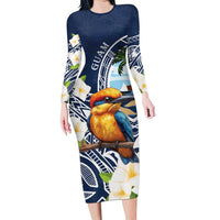 Hafa Adai Guam Family Matching Long Sleeve Bodycon Dress and Hawaiian Shirt Sihek Guam Kingfisher with Guasali LT7 Mom's Dress Navy Blue - Polynesian Pride