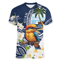 Hafa Adai Guam Women V-Neck T-Shirt Sihek Guam Kingfisher with Guasali