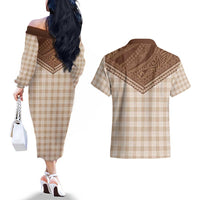 Aloha Hawaii Cowboys Paniolo Couples Matching Off The Shoulder Long Sleeve Dress and Hawaiian Shirt Beige Palaka LT7 - Polynesian Pride