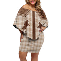 Aloha Hawaii Cowboys Paniolo Family Matching Off Shoulder Short Dress and Hawaiian Shirt Beige Palaka LT7 Mom's Dress Beige - Polynesian Pride