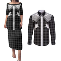 Aloha Hawaii Cowboys Paniolo Couples Matching Puletasi and Long Sleeve Button Shirt Black Palaka - Polynesian Pride