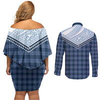 Aloha Hawaii Cowboys Paniolo Couples Matching Off Shoulder Short Dress and Long Sleeve Button Shirt Navy Blue Palaka - Polynesian Pride