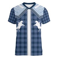 Aloha Hawaii Cowboys Paniolo Women V-Neck T-Shirt Navy Blue Palaka - Polynesian Pride