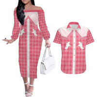 Aloha Hawaii Cowboys Paniolo Couples Matching Off The Shoulder Long Sleeve Dress and Hawaiian Shirt Rose Palaka LT7 Pink - Polynesian Pride