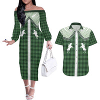 Aloha Hawaii Cowboys Paniolo Couples Matching Off The Shoulder Long Sleeve Dress and Hawaiian Shirt Forest Green Palaka LT7 Dark Green - Polynesian Pride