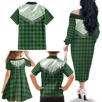 Aloha Hawaii Cowboys Paniolo Family Matching Off The Shoulder Long Sleeve Dress and Hawaiian Shirt Forest Green Palaka LT7 - Polynesian Pride