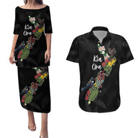 Kia Ora New Zealand Floral Personalized Couples Matching Puletasi and Hawaiian Shirt Black - Polynesian Pride