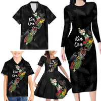 Kia Ora New Zealand Floral Personalized Family Matching Long Sleeve Bodycon Dress and Hawaiian Shirt Black LT7 - Polynesian Pride