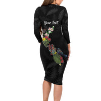 Kia Ora New Zealand Floral Personalized Family Matching Long Sleeve Bodycon Dress and Hawaiian Shirt Black LT7 - Polynesian Pride