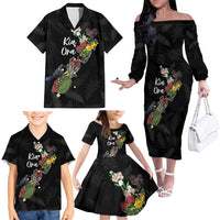 Kia Ora New Zealand Floral Personalized Family Matching Off The Shoulder Long Sleeve Dress and Hawaiian Shirt Black LT7 - Polynesian Pride