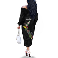 Kia Ora New Zealand Floral Personalized Family Matching Off The Shoulder Long Sleeve Dress and Hawaiian Shirt Black LT7 - Polynesian Pride