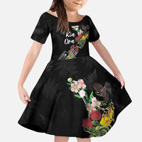 Kia Ora New Zealand Floral Personalized Family Matching Off Shoulder Maxi Dress and Hawaiian Shirt Black LT7 Daughter's Dress Black - Polynesian Pride