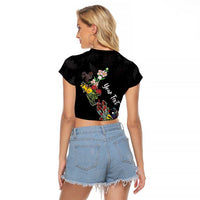 Kia Ora New Zealand Floral Personalized Raglan Cropped T Shirt Black - Polynesian Pride