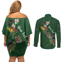 Kia Ora New Zealand Floral Personalized Couples Matching Off Shoulder Short Dress and Long Sleeve Button Shirt Sage Green LT7 - Polynesian Pride