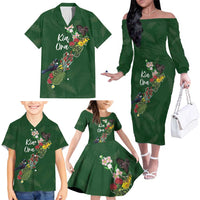 Kia Ora New Zealand Floral Personalized Family Matching Off The Shoulder Long Sleeve Dress and Hawaiian Shirt Sage Green LT7 - Polynesian Pride