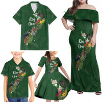 Kia Ora New Zealand Floral Personalized Family Matching Off Shoulder Maxi Dress and Hawaiian Shirt Sage Green LT7 - Polynesian Pride