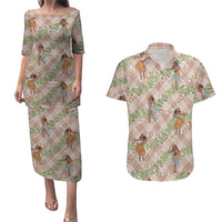 Beige Palaka Hula Girls Seamless Hawaii Aloha Couples Matching Puletasi and Hawaiian Shirt - Polynesian Pride