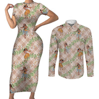 Beige Palaka Hula Girls Seamless Hawaii Aloha Couples Matching Short Sleeve Bodycon Dress and Long Sleeve Button Shirt - Polynesian Pride