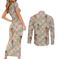Beige Palaka Hula Girls Seamless Hawaii Aloha Couples Matching Short Sleeve Bodycon Dress and Long Sleeve Button Shirt - Polynesian Pride