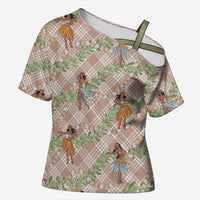 Beige Palaka Hula Girls Seamless Hawaii Aloha Cross Shoulder Shirt - Polynesian Pride