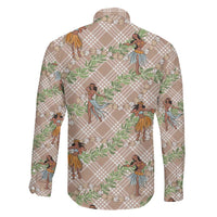 Beige Palaka Hula Girls Seamless Hawaii Aloha Family Matching Off The Shoulder Long Sleeve Dress and Hawaiian Shirt LT7 - Polynesian Pride