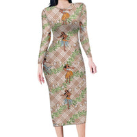 Beige Palaka Hula Girls Seamless Hawaii Aloha Long Sleeve Bodycon Dress LT7 Long Dress Beige - Polynesian Pride