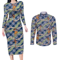 Navy Blue Palaka Hula Girls Seamless Hawaii Aloha Couples Matching Long Sleeve Bodycon Dress and Long Sleeve Button Shirt - Polynesian Pride
