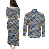 Navy Blue Palaka Hula Girls Seamless Hawaii Aloha Couples Matching Puletasi and Long Sleeve Button Shirt - Polynesian Pride