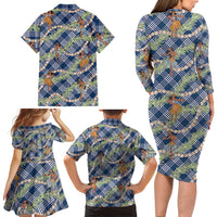 Navy Blue Palaka Hula Girls Seamless Hawaii Aloha Family Matching Long Sleeve Bodycon Dress and Hawaiian Shirt LT7 - Polynesian Pride