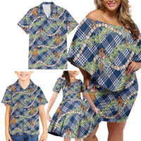 Navy Blue Palaka Hula Girls Seamless Hawaii Aloha Family Matching Off Shoulder Short Dress and Hawaiian Shirt LT7 - Polynesian Pride